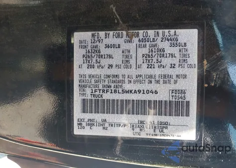 1998 Ford F-150 Lariat/Standard/Xl/Xlt from USA, damaged, VIN 1FTRF18L5WKA91046